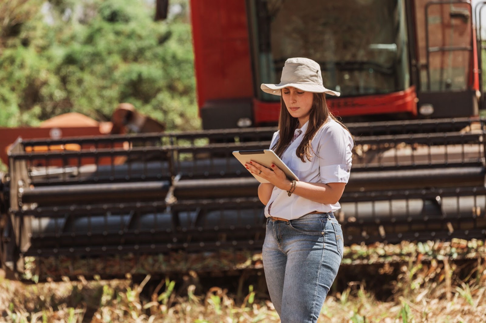 Woman farmer working in front of a red combine harvester