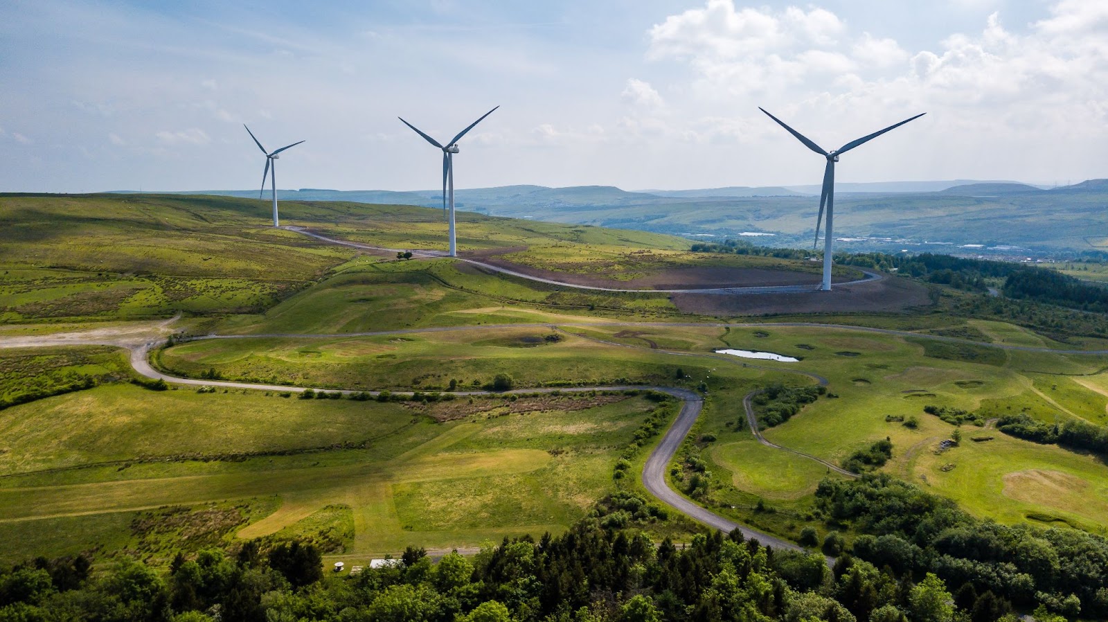 rural landscape of fields and wind turbines